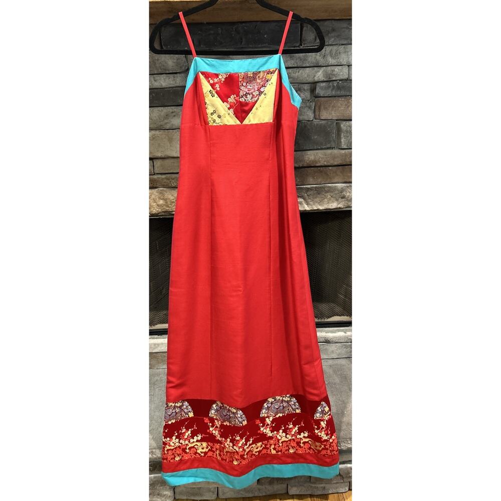 Vintage Sue Wong Red Maxi Dress with Turquoise and Gold Accents Size 4